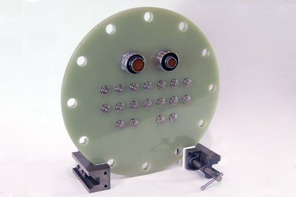 custom material Portplate design with Potcon connector feedthroughs and coaxial feedthroughs