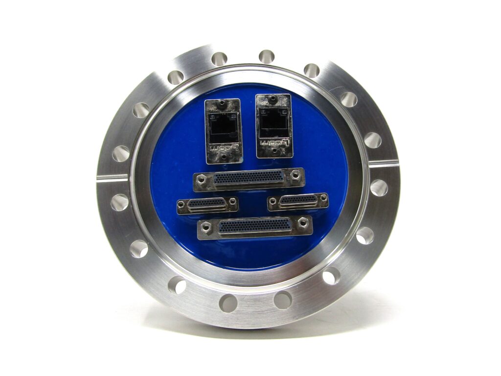 Vacuum view of CF hermetic feedthrough featuring RJ-45 and D-sub connectors