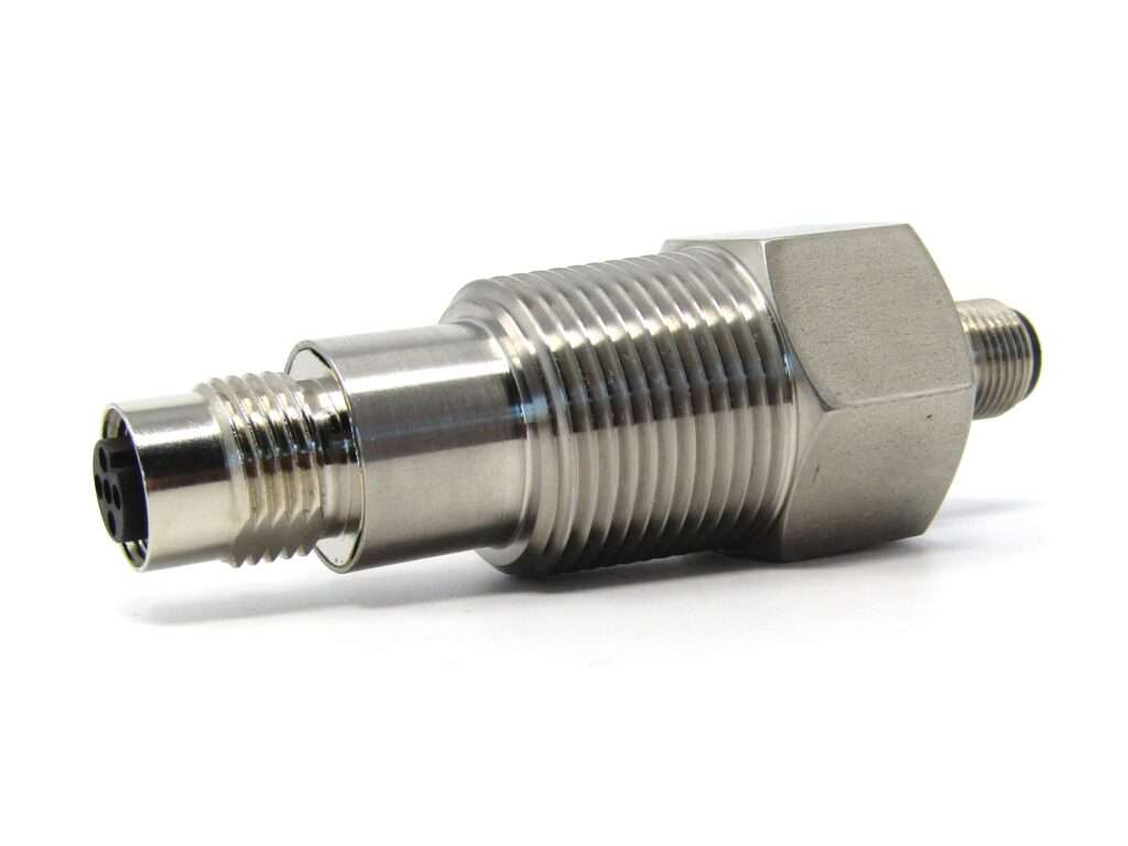 Hermetically sealed M12 feedthrough in plug to receptacle format with NPT mechanical interface